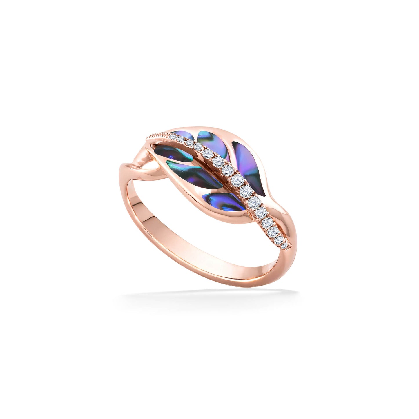 Maile leaf ring in 14K rose gold with radiant abalone inlay & a sparkling diamond feature through the middle. Item No. 44492