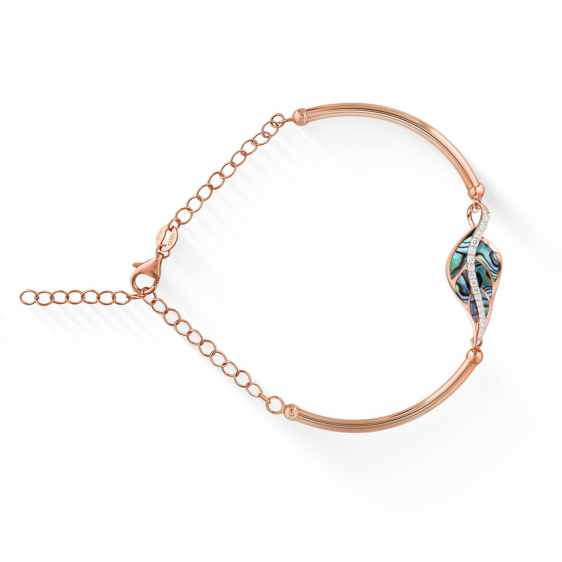 Crafted in 14K rose gold, this maile leaf bracelet pairs iridescent abalone with 0.18 carats of diamonds. Item No. 44518