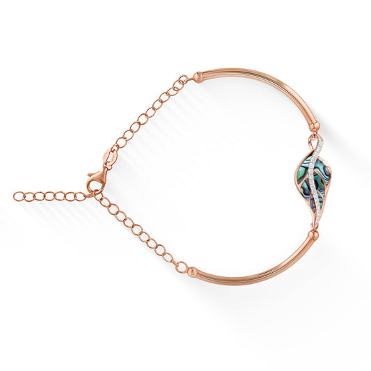 Crafted in 14K rose gold, this maile leaf bracelet pairs iridescent abalone with 0.18 carats of diamonds. Item No. 44518