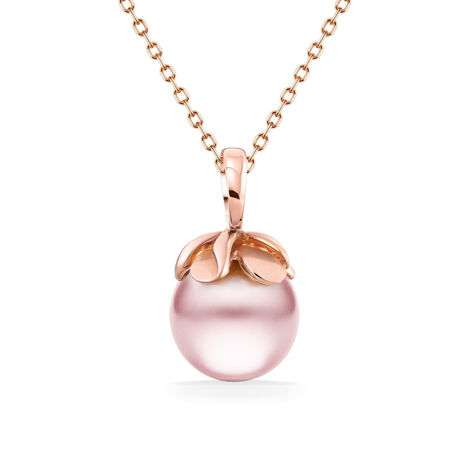 Radiant pink freshwater 7.5mm pearl with a plumeria rose gold bail on top, attached to a rose gold chain. Item No. 44592