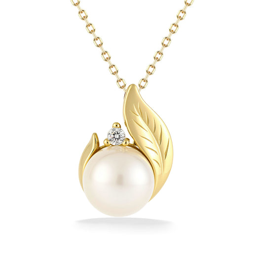 Yellow gold maile leaf pendant with 7mm white Akoya pearl and 0.03 carat diamond on a 17 inch chain. Item No. 44556