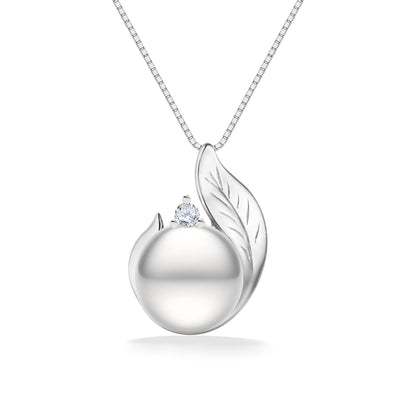 White gold maile leaf pendant showcasing a 7mm Akoya pearl and 0.03 carat diamond with matching chain. Item No. 44557