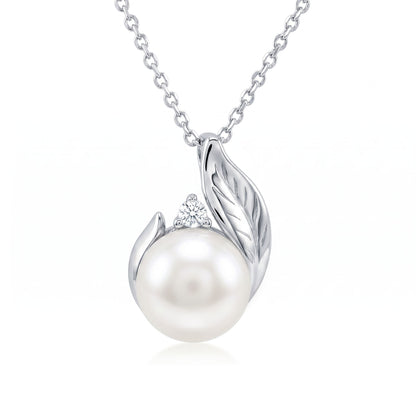 White gold maile leaf pendant showcasing a 7mm Akoya pearl and 0.03 carat diamond with matching chain. Item No. 44557