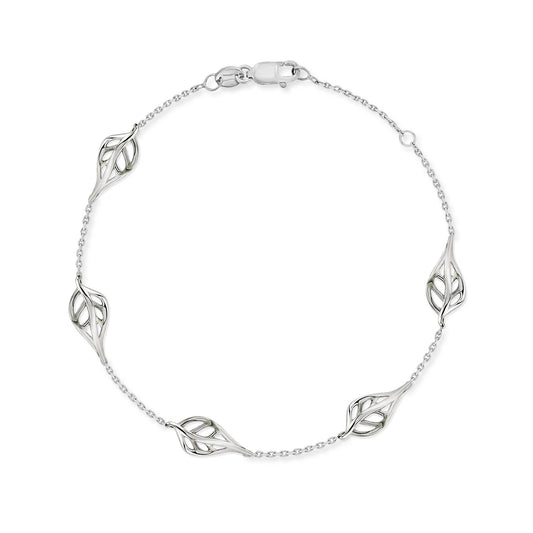 White gold bracelet with five open maile leaves stationed along an adjustable 7 to 7.75 inch chain. Item No. 44607