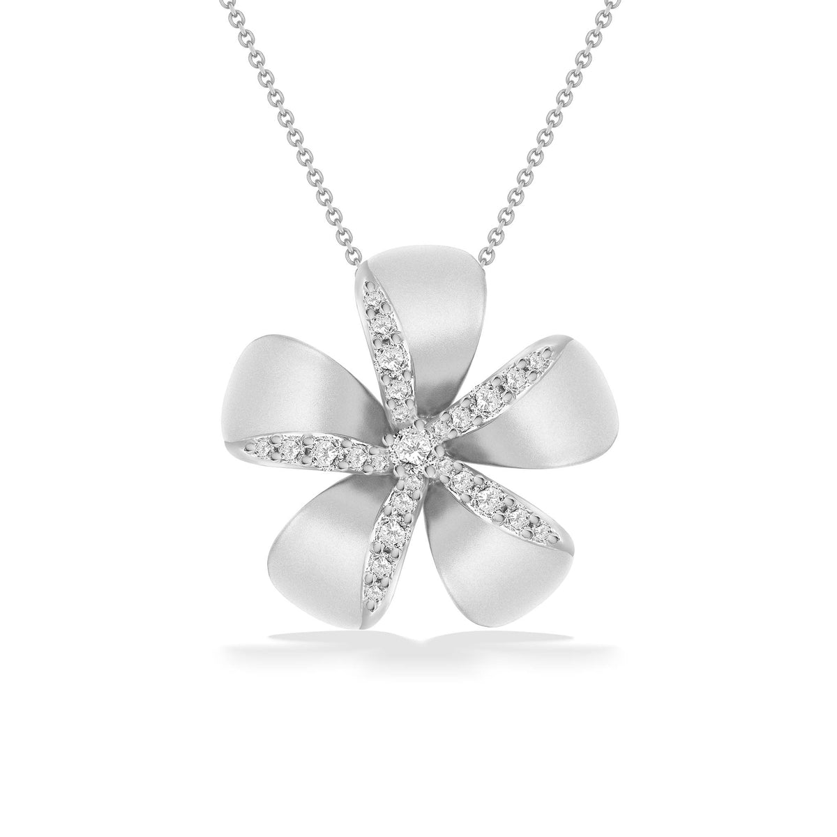 Elegant 14k white gold plumeria pendant with pavé-set diamonds, showcasing refined Hawaiian floral design. Item No. 44619