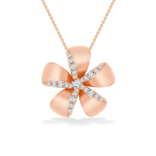 Beautiful 14k rose gold plumeria pendant necklace adorned with sparkling pavé-set diamonds & a center diamond. Item No. 44620