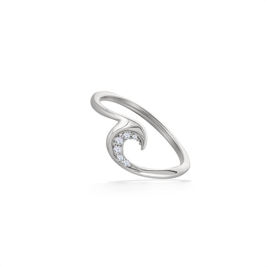 Diamond-studded 14k white gold ring with curved ocean swell wave detail, angled view. Item No. 44632