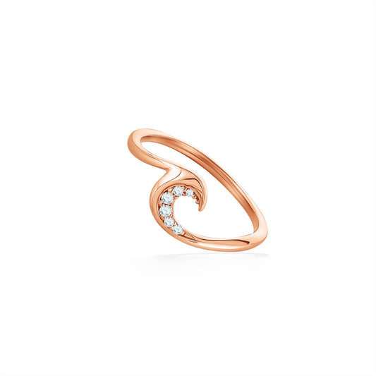 Rose gold ring in a curling ocean swell wave design with diamonds on crest, side angle. Item No. 44633