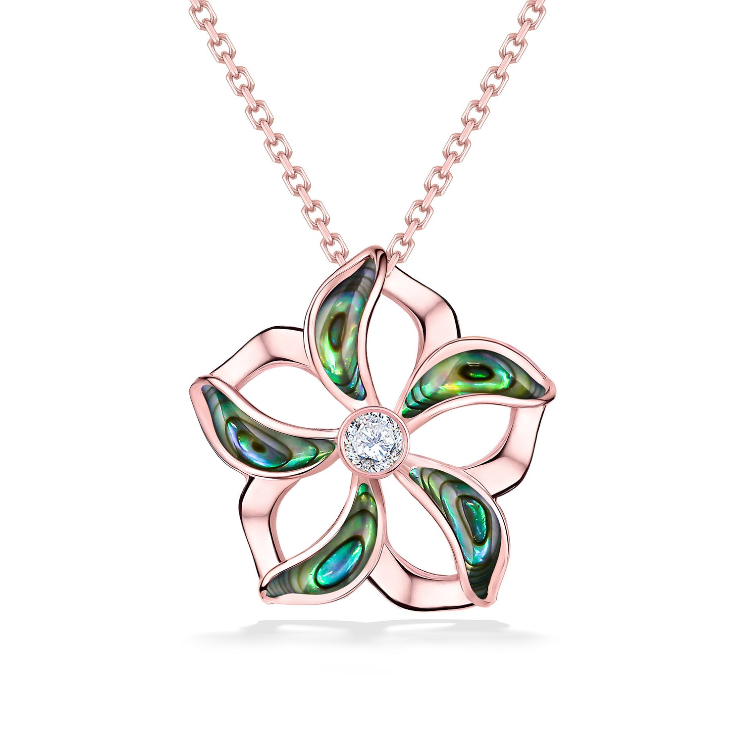 Rose Gold chain & floating Plumeria pendant with Abalone inlay & center diamond. Item 44644