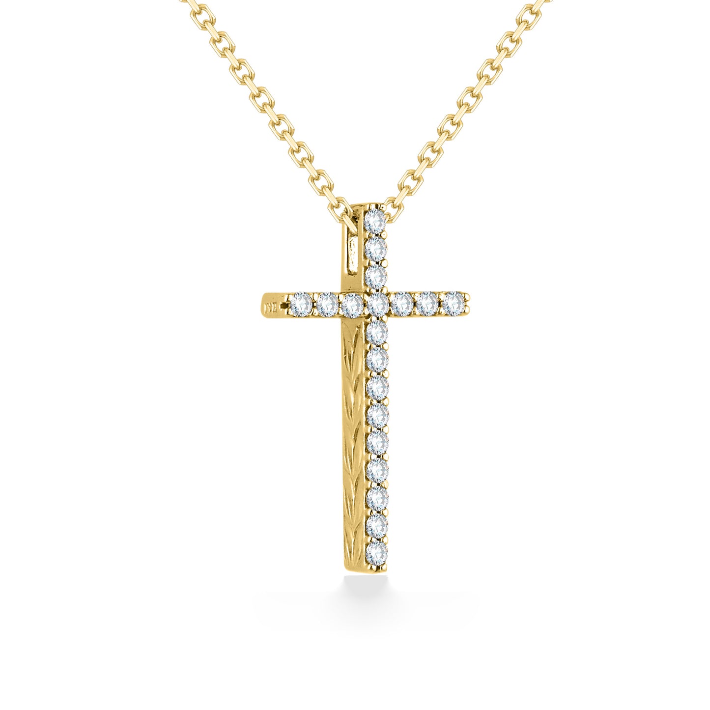 Diamond accented 14K yellow gold maile scroll cross pendant, 0.23 carats total, 17 inch chain. Item No. 19131