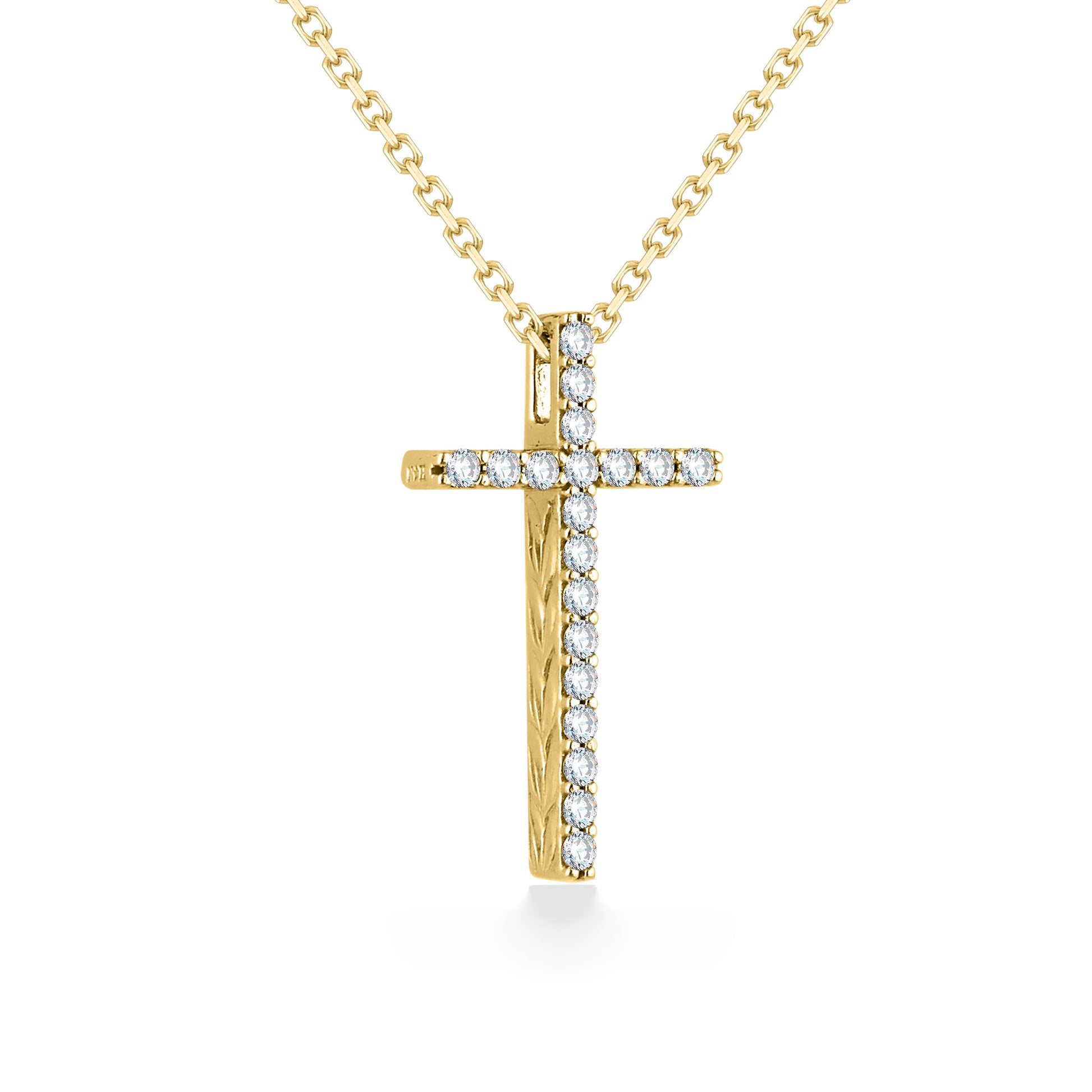 Diamond accented 14K yellow gold maile scroll cross pendant, 0.23 carats total, 17 inch chain. Item No. 19131
