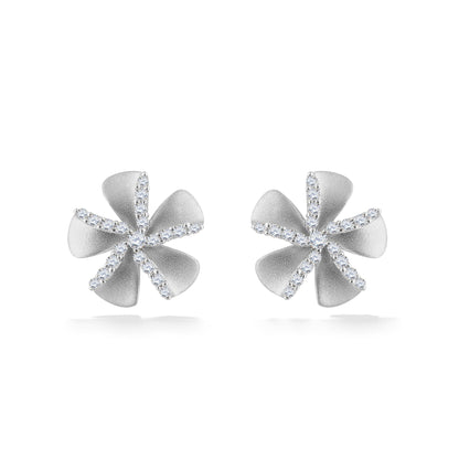 Elegant white gold plumeria stud earrings with brilliant diamond-lined petals in bloom. Item No. 44686