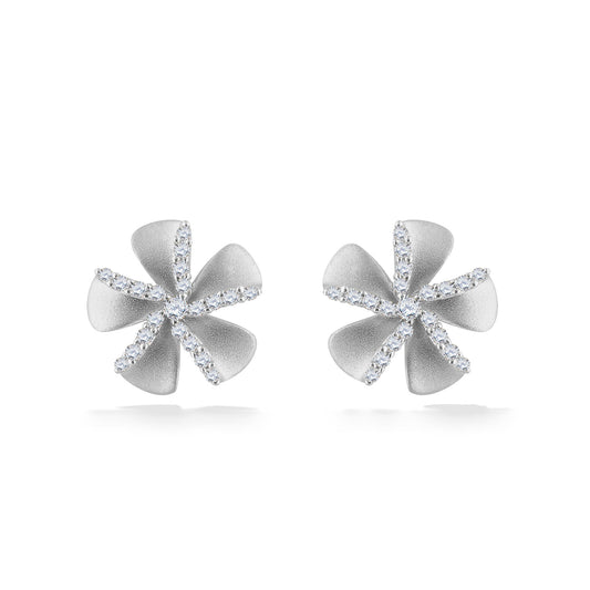 Elegant white gold plumeria stud earrings with brilliant diamond-lined petals in bloom. Item No. 44686