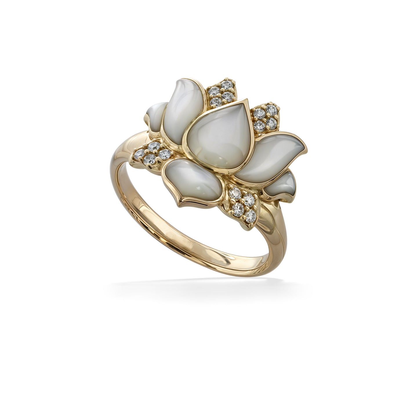 Lotus-inspired ring featuring sculpted petals of white mother of pearl accented with sparkling diamonds. Item No. 773231
