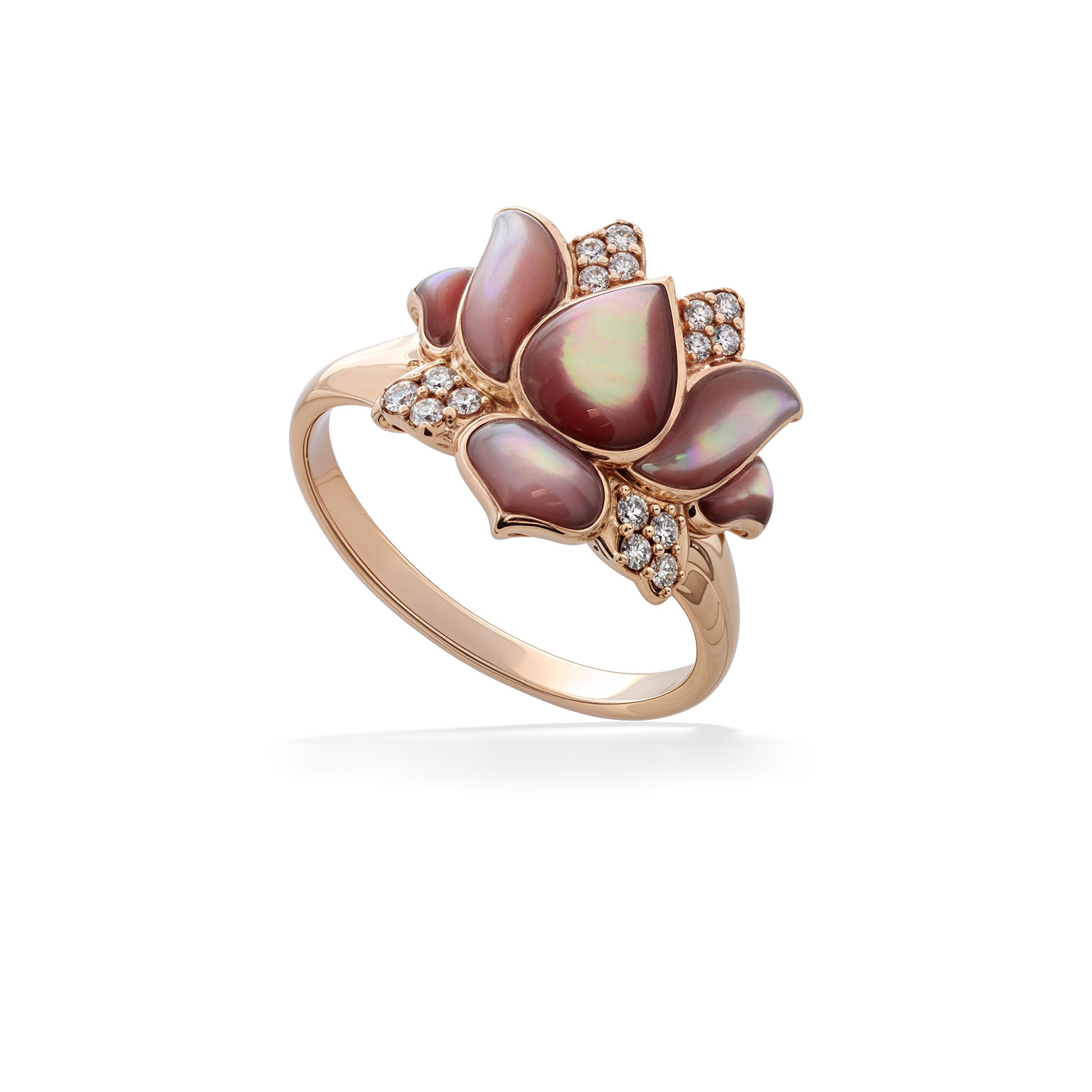 Rose gold lotus ring showcasing pink mother of pearl petals surrounded by clusters of shimmering diamonds. Item No. 773232
