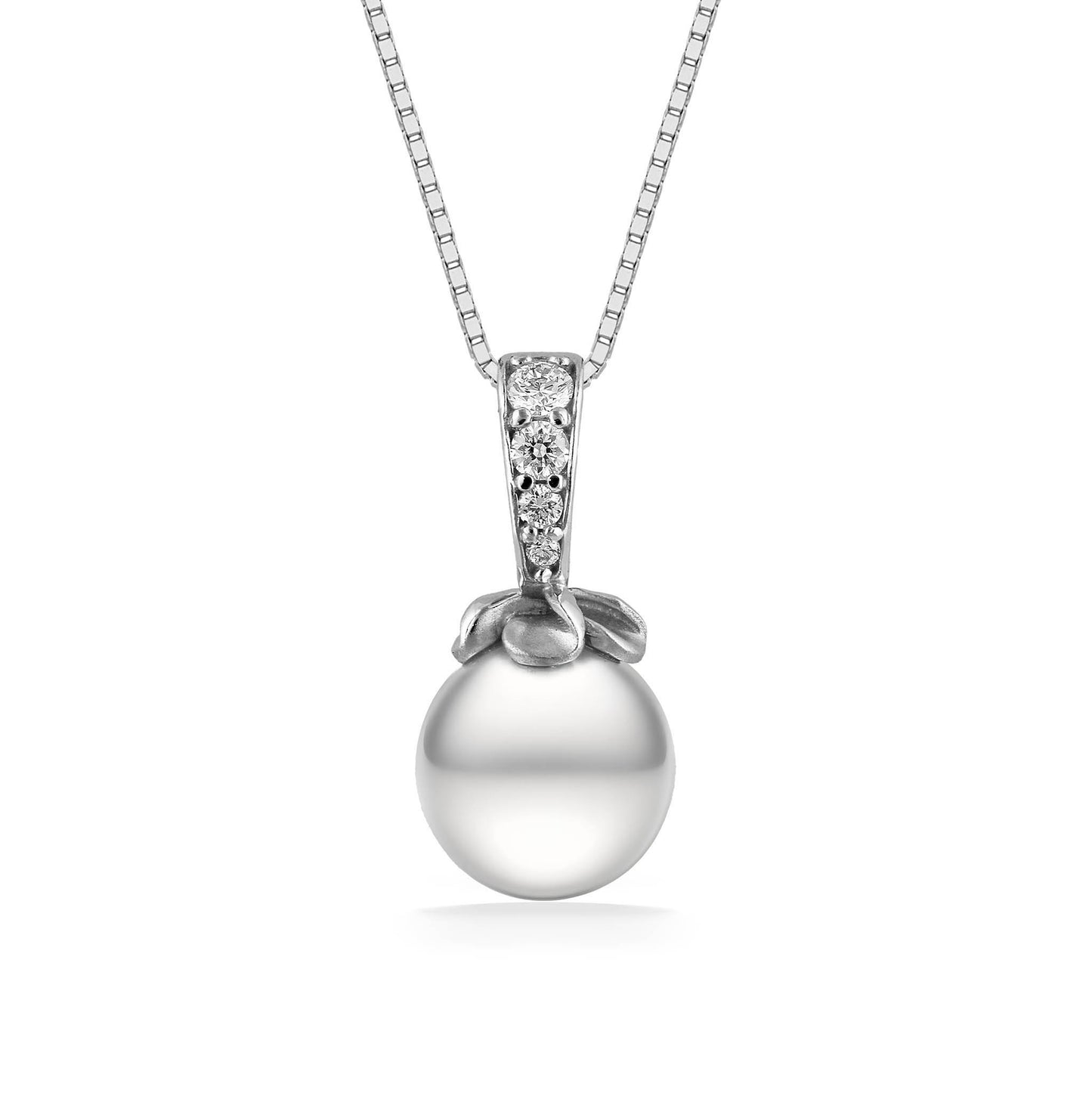 44702 - 14K White Gold - White Akoya Pearl Plumeria Diamond Bail Pendant