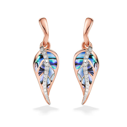 Close-up front view of 14k rose gold maile leaf earrings with abalone inlay & a diamond curve down the center. Item No. 44710