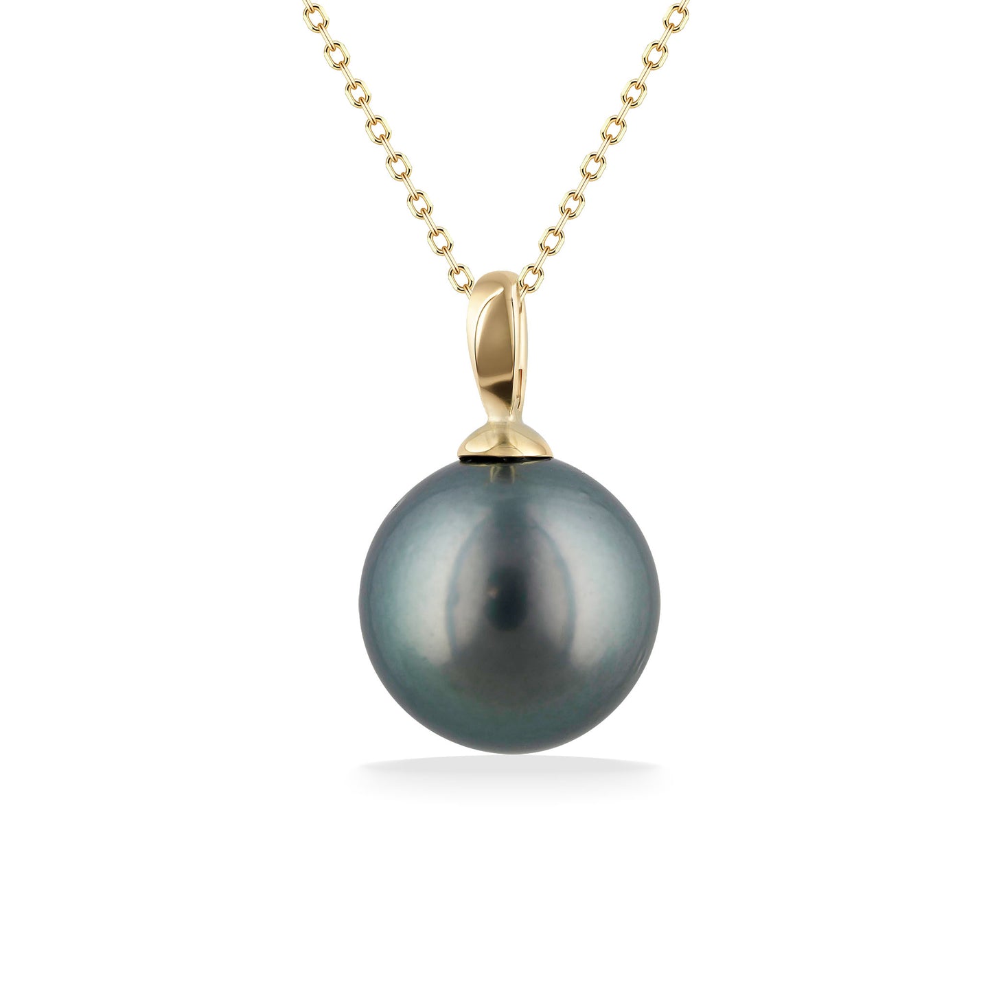 Delicate 14k gold chain necklace with a single round 12mm tahitian pearl pendant, simple and elegant. Item No. 44714