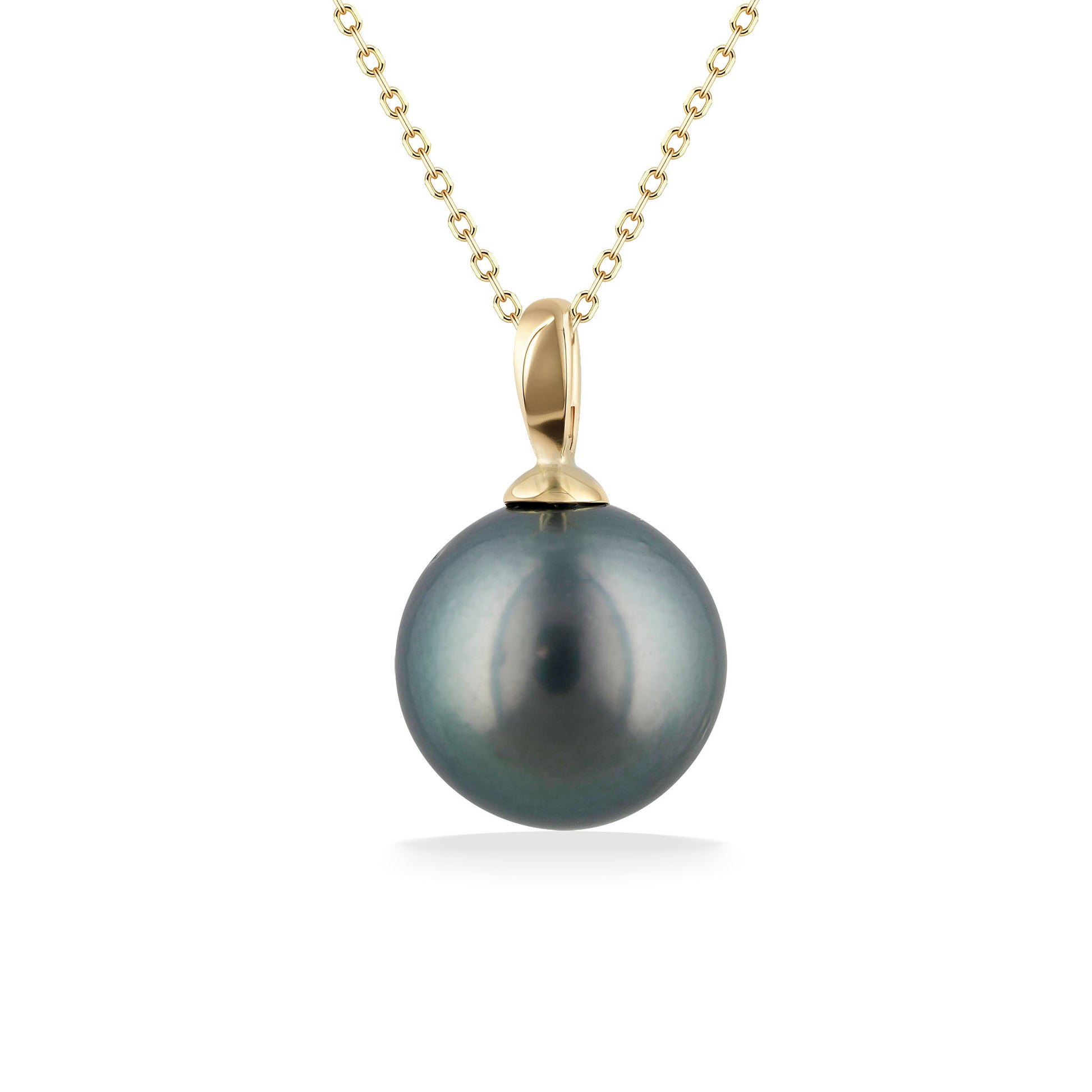 Delicate 14k gold chain necklace with a single round 12mm tahitian pearl pendant, simple and elegant. Item No. 44714