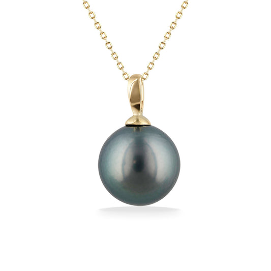 Delicate 14k gold chain necklace with a single round 12mm tahitian pearl pendant, simple and elegant. Item No. 44714