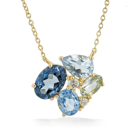 773288 - 14K Yellow Gold - Effy Prasolite and Blue Topaz Cluster Necklace