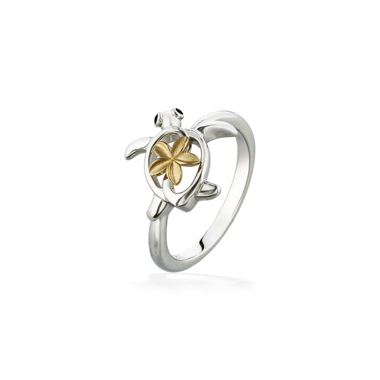 44724 - 14K Yellow Gold and Sterling Silver - Honu and Plumeria Ring
