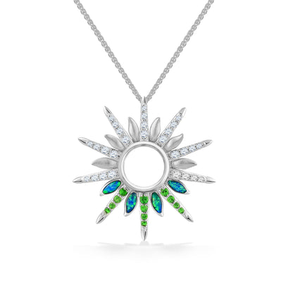 White Gold Green Flash Sunset pendant with Opal, Tsavorite & Diamond accents in the rays. Item 44748