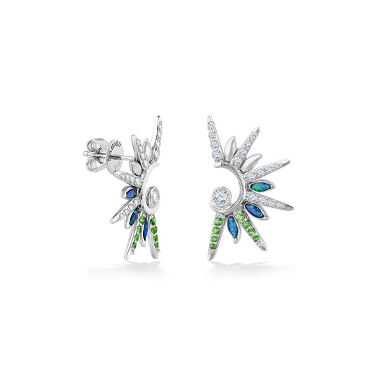 Green Flash Sunset Stud earrings in white gold with opal, tsavorites & diamonds. Left side slightly turned. Item No. 44750