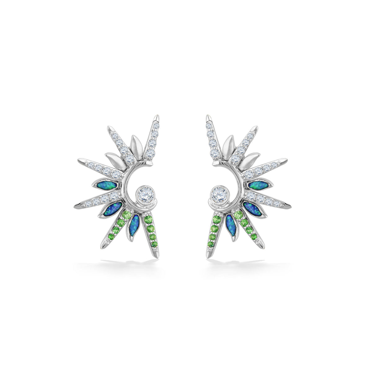 Face view of Green Flash Sunset Stud Earrings in white gold with opal inlay, tsavorites and diamonds. Item No. 44750