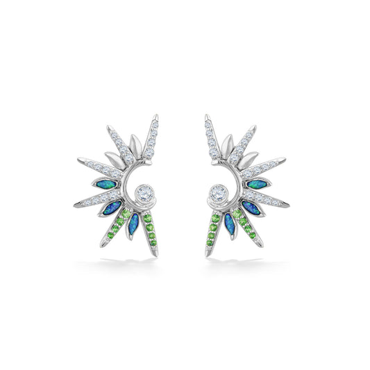 Face view of Green Flash Sunset Stud Earrings in white gold with opal inlay, tsavorites and diamonds. Item No. 44750