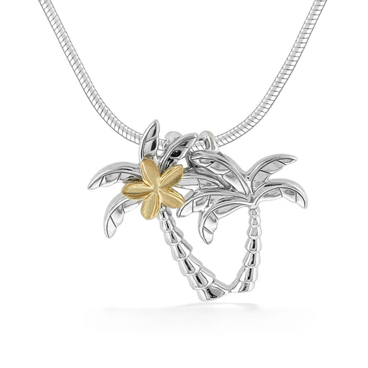 44761 - 14K Yellow Gold and Sterling Silver - Palm Tree Plumeria Pendant