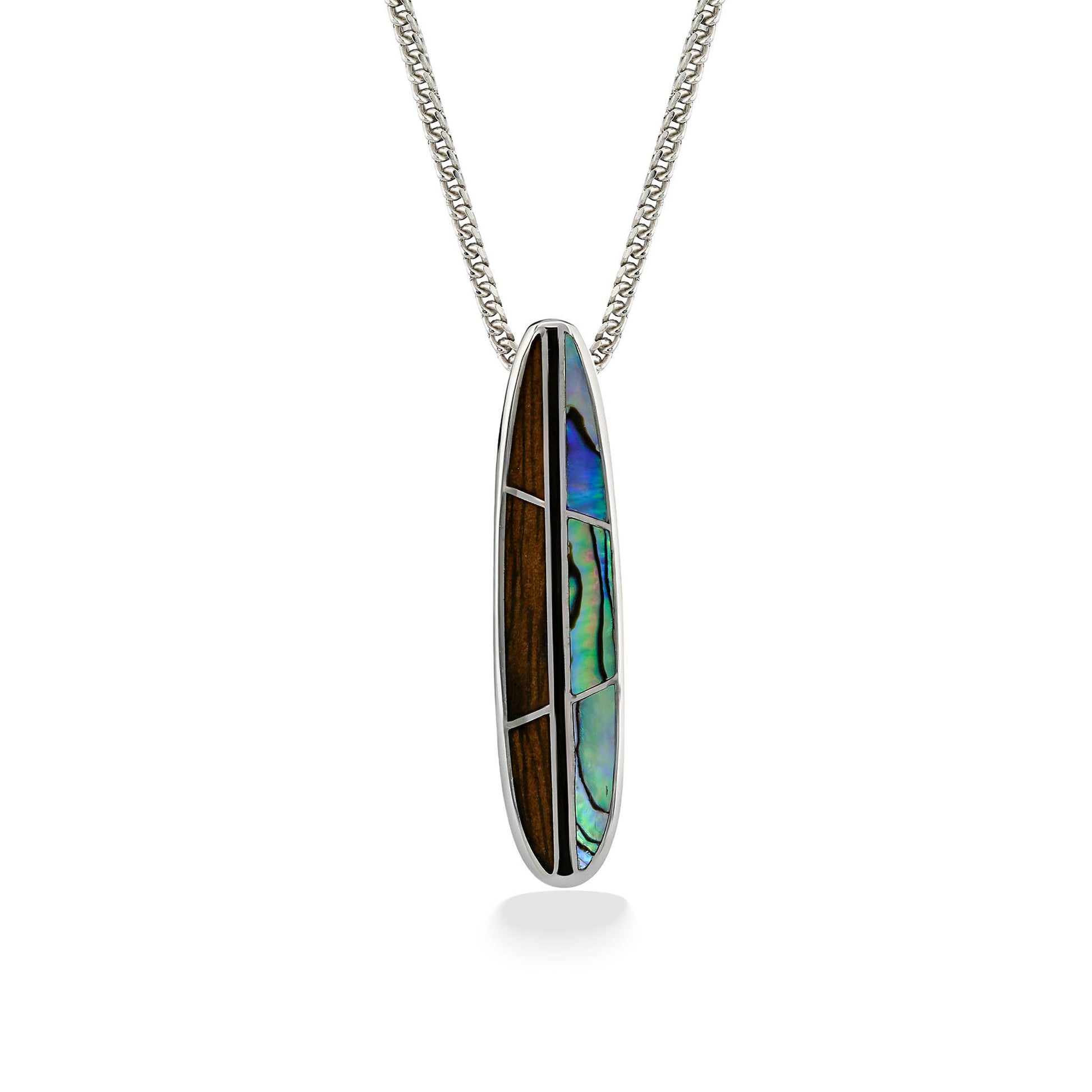 44765 - Sterling Silver - Surfboard Pendant with Enamel, Abalone and Koa Wood