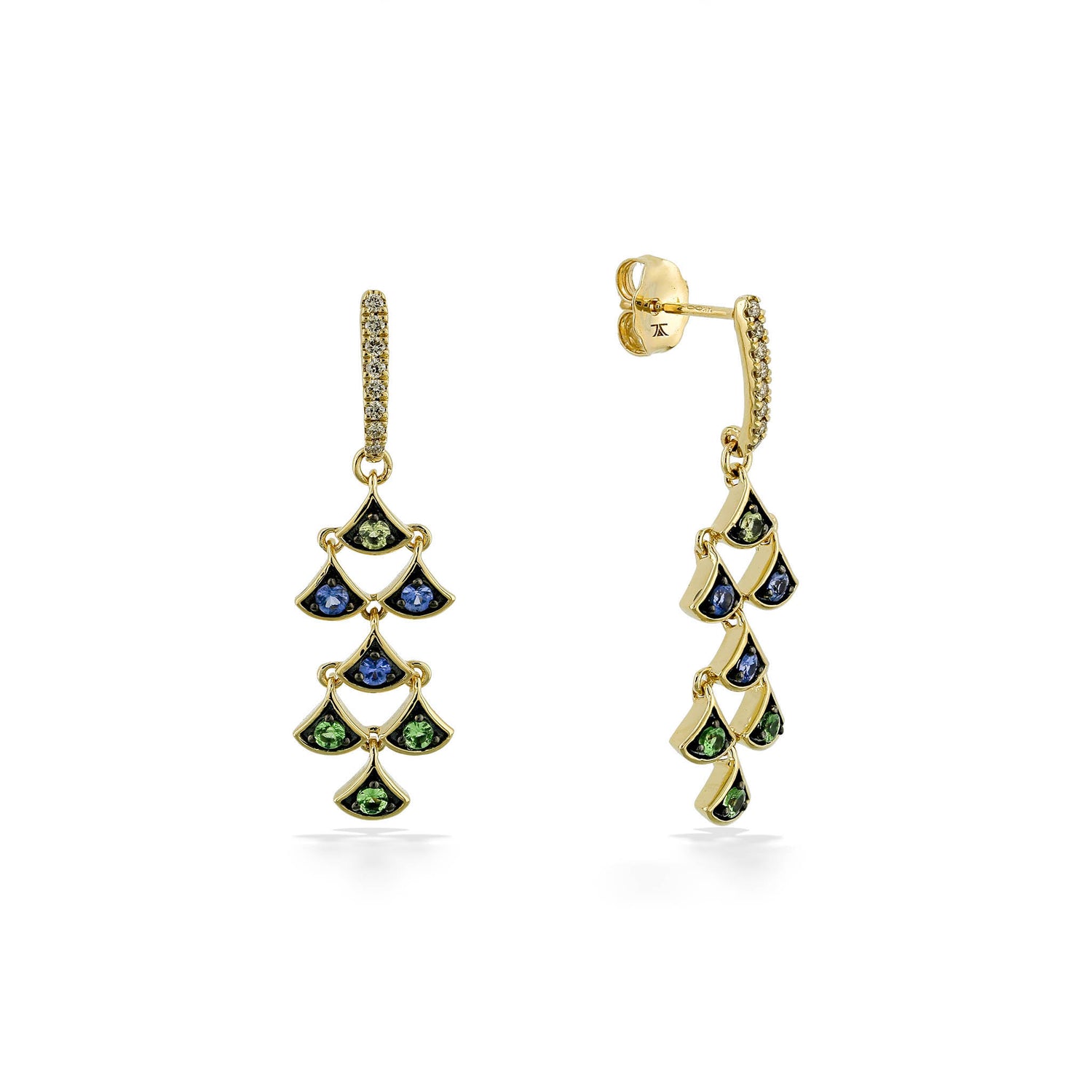 Side and front view of Mermaid Scales Chandelier earrings in 14k yellow gold with blue and green gemstones. Item No. 773515