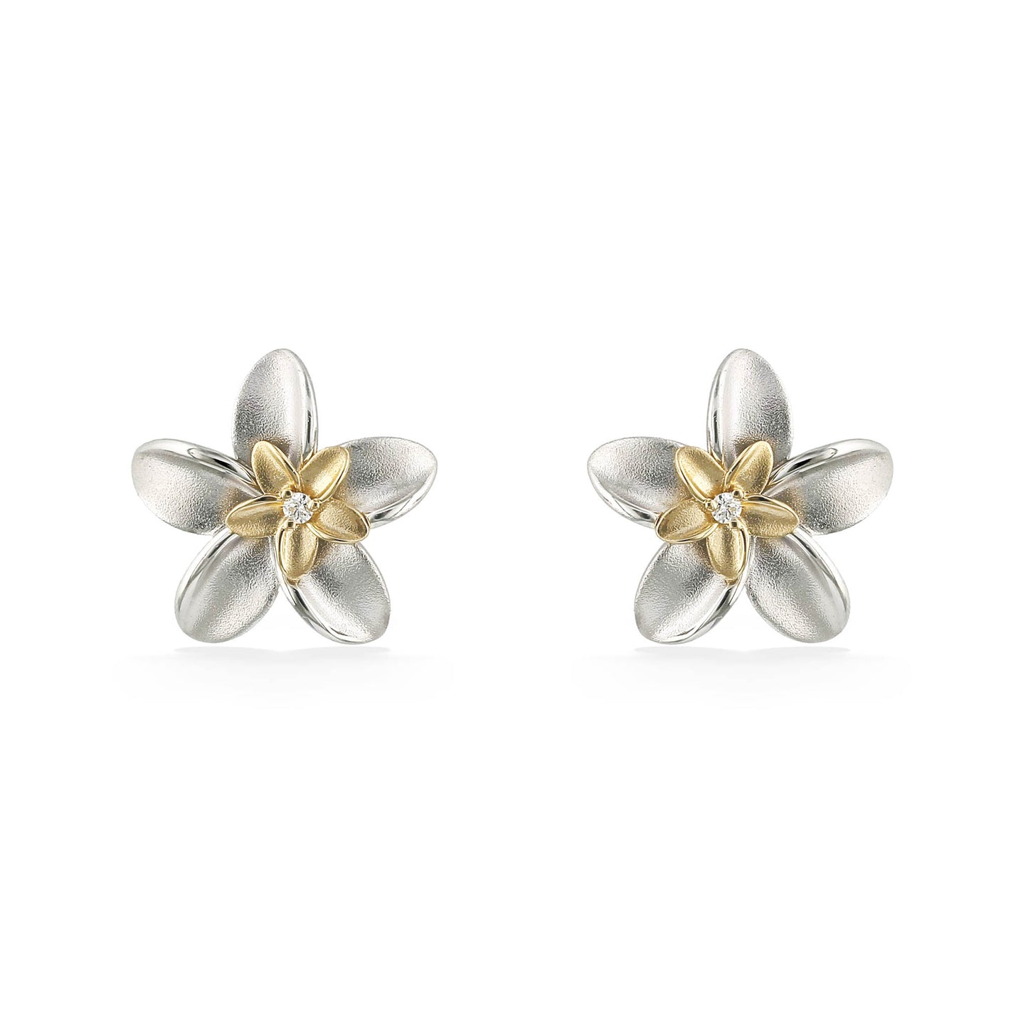 44804 - 14K Yellow Gold and Sterling Silver - Double Plumeria Stud Earrings