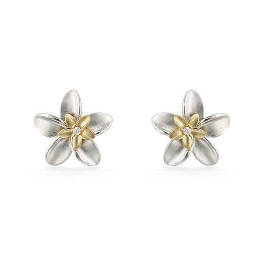 44804 - 14K Yellow Gold and Sterling Silver - Double Plumeria Stud Earrings