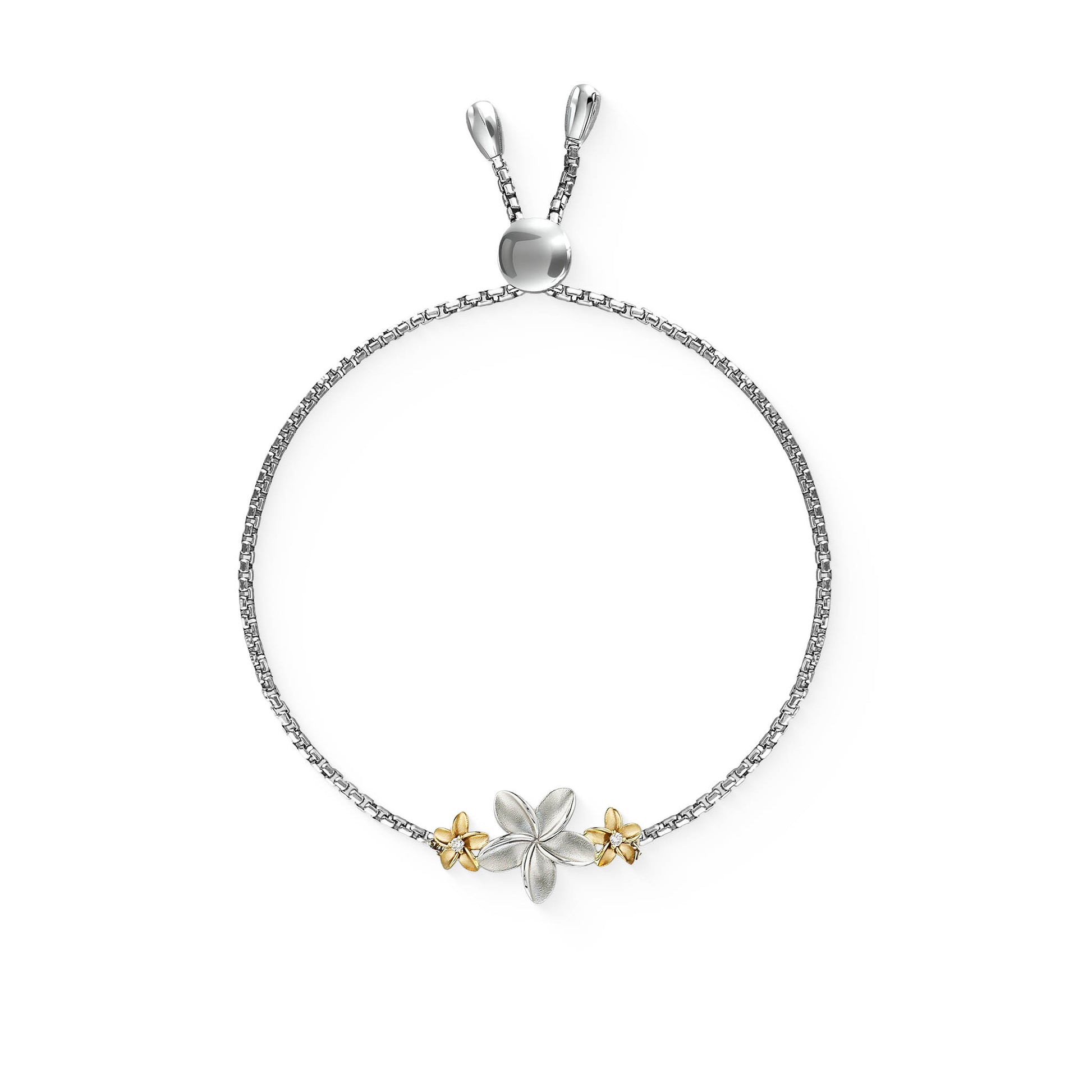 44807 - 14K Yellow Gold and Sterling Silver - Triple Plumeria Bolo Bracelet