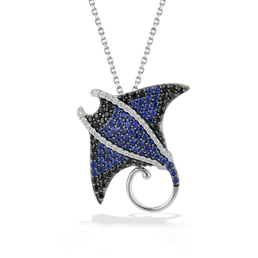 44730 - 14K White Gold - Manta Ray Sapphire and Black Spinel Pendant
