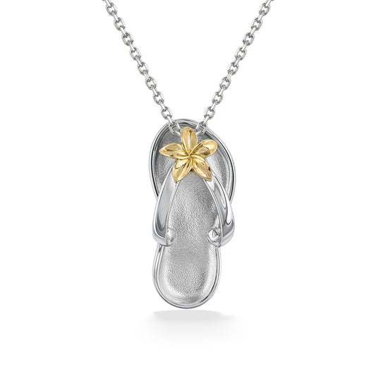 Flip-flop pendant in sterling silver featuring a yellow gold plumeria flower accent at the strap center. Item No. 44816