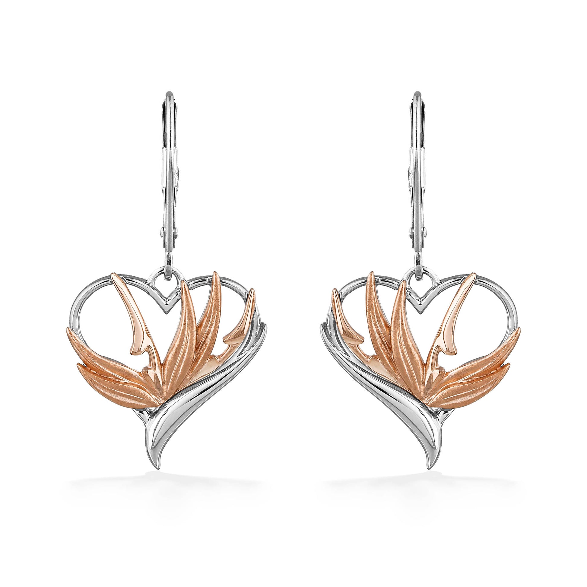 44863 - 14K Rose Gold and 14K White Gold - Paradise Heart Leverback Earrings