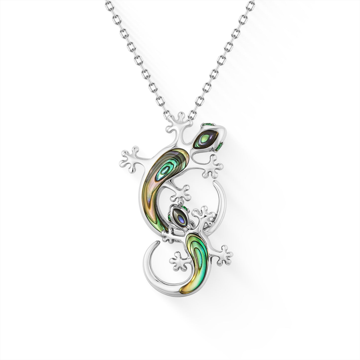 44875 - 14K White Gold - Mother and Keiki Abalone and Tsavorite Gecko Pendant