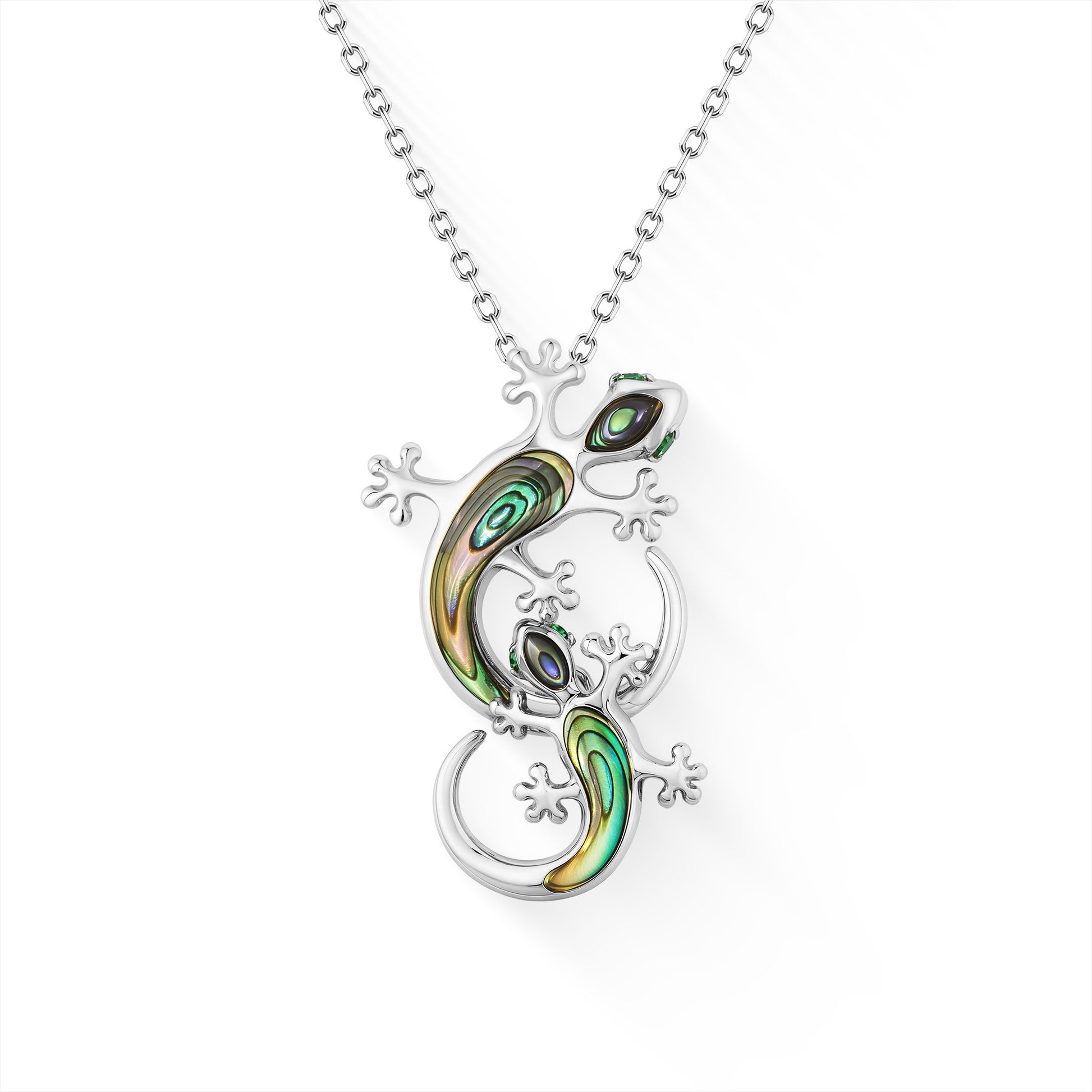 44875 - 14K White Gold - Mother and Keiki Abalone and Tsavorite Gecko Pendant