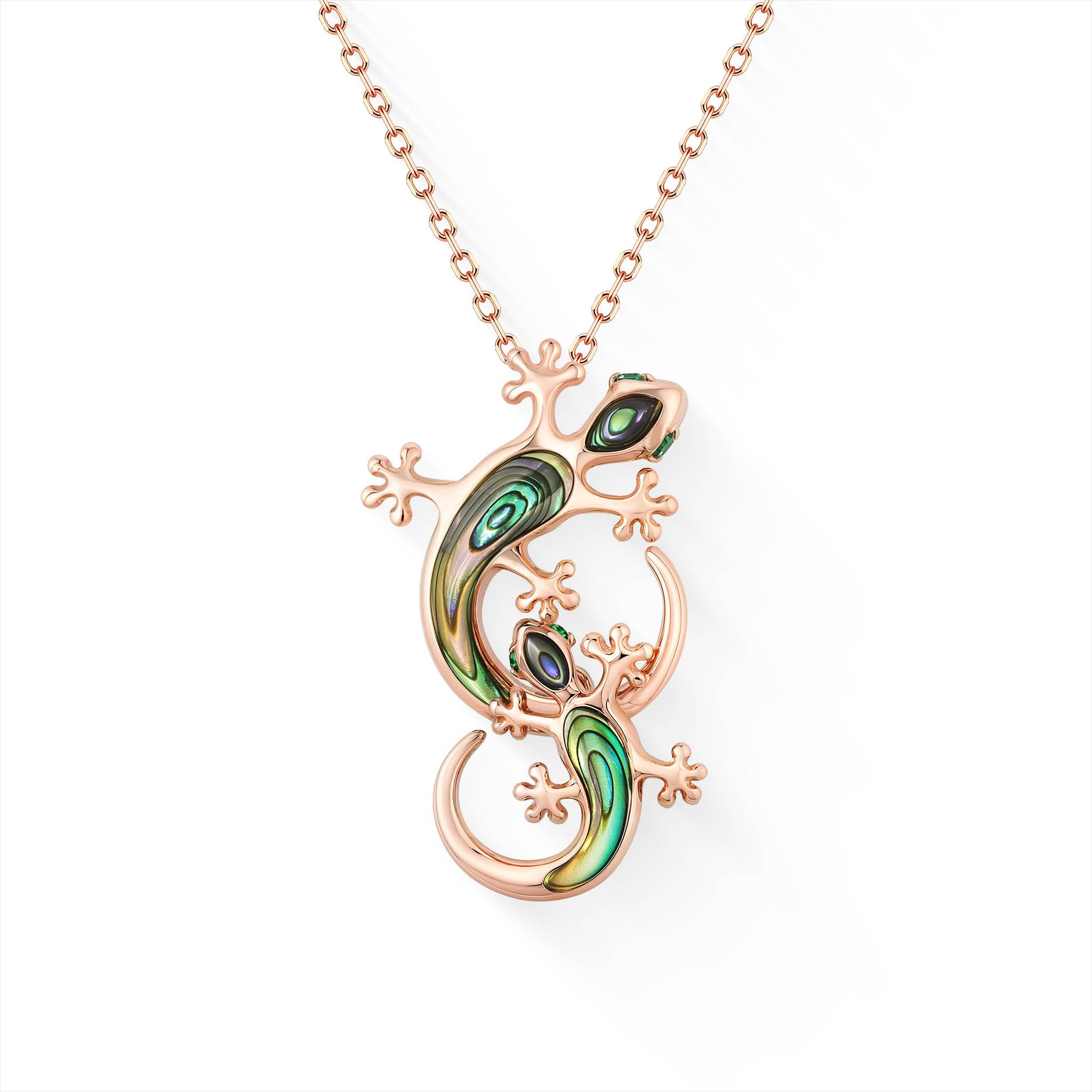 44876 - 14K Rose Gold - Mother and Keiki Abalone and Tsavorite Gecko Pendant