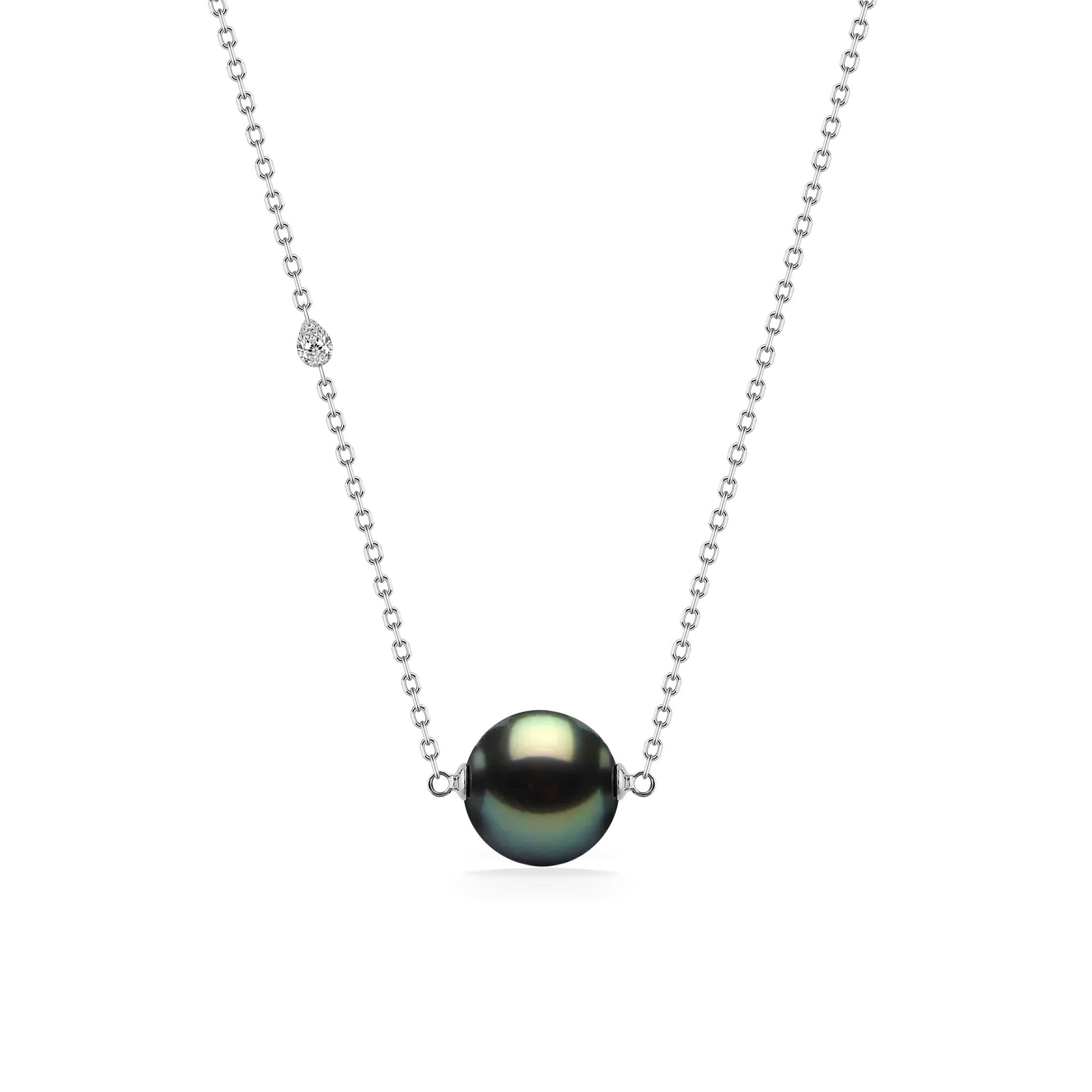 Stationary 11mm tahitian pearl necklace with a teardrop-shaped shimmer diamond in the 14k white gold necklace. Item No. 44883