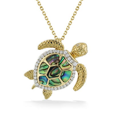 Turtle pendant in yellow gold with realistic features. Stunning diamond lined-shell, diamond eyes & abalone. Item No. 44543