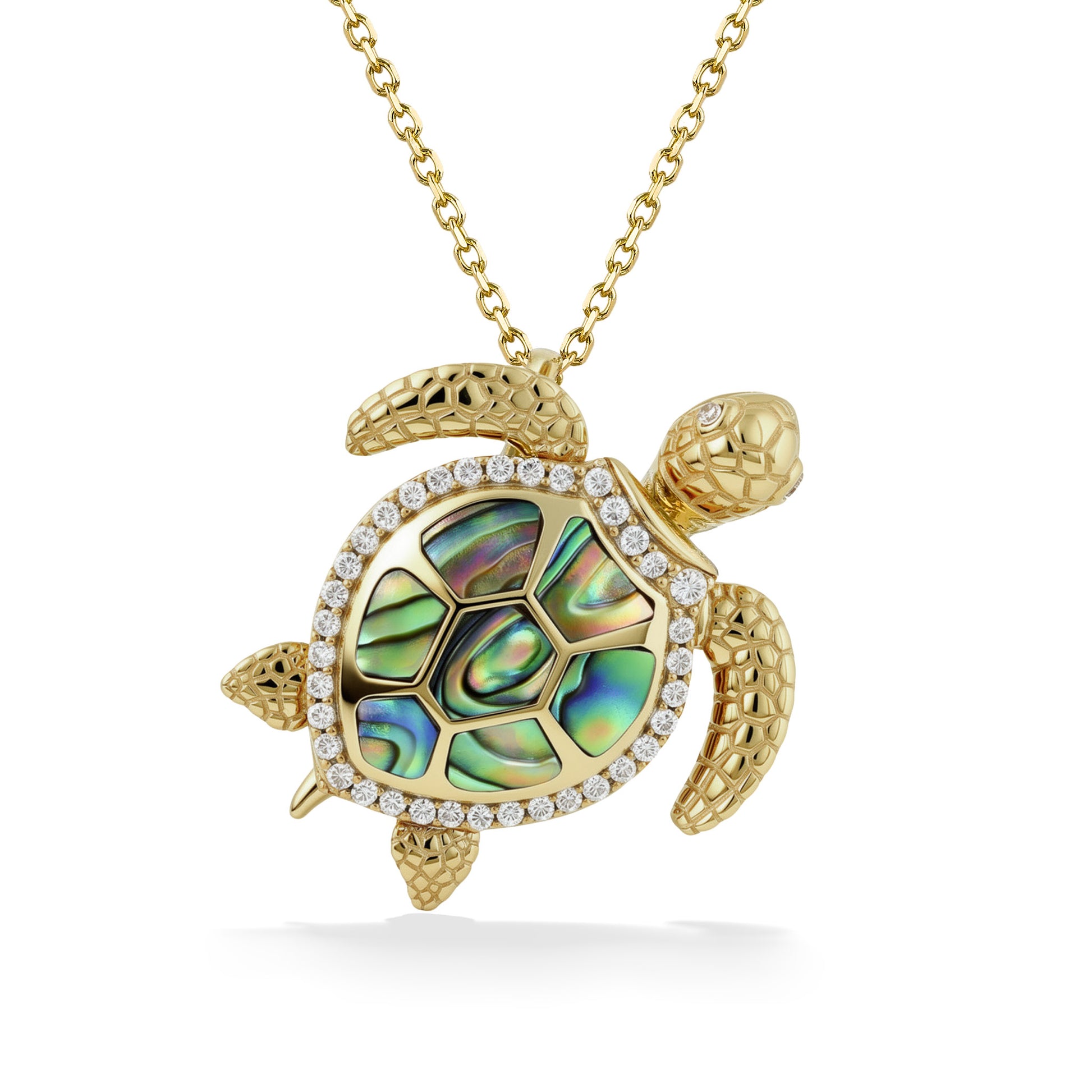 Turtle pendant in yellow gold with realistic features. Stunning diamond lined-shell, diamond eyes & abalone. Item No. 44543