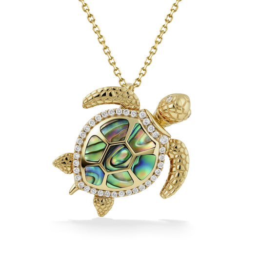 Turtle pendant in yellow gold with realistic features. Stunning diamond lined-shell, diamond eyes & abalone. Item No. 44543