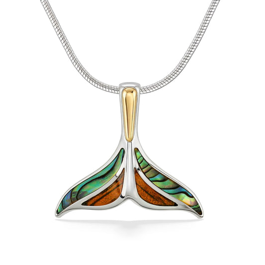 Whale tail pendant with 18k gold accents and koa and abalone inlay, set in sterling silver. Item No. 45013