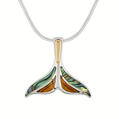 Whale tail pendant with 18k gold accents and koa and abalone inlay, set in sterling silver. Item No. 45013
