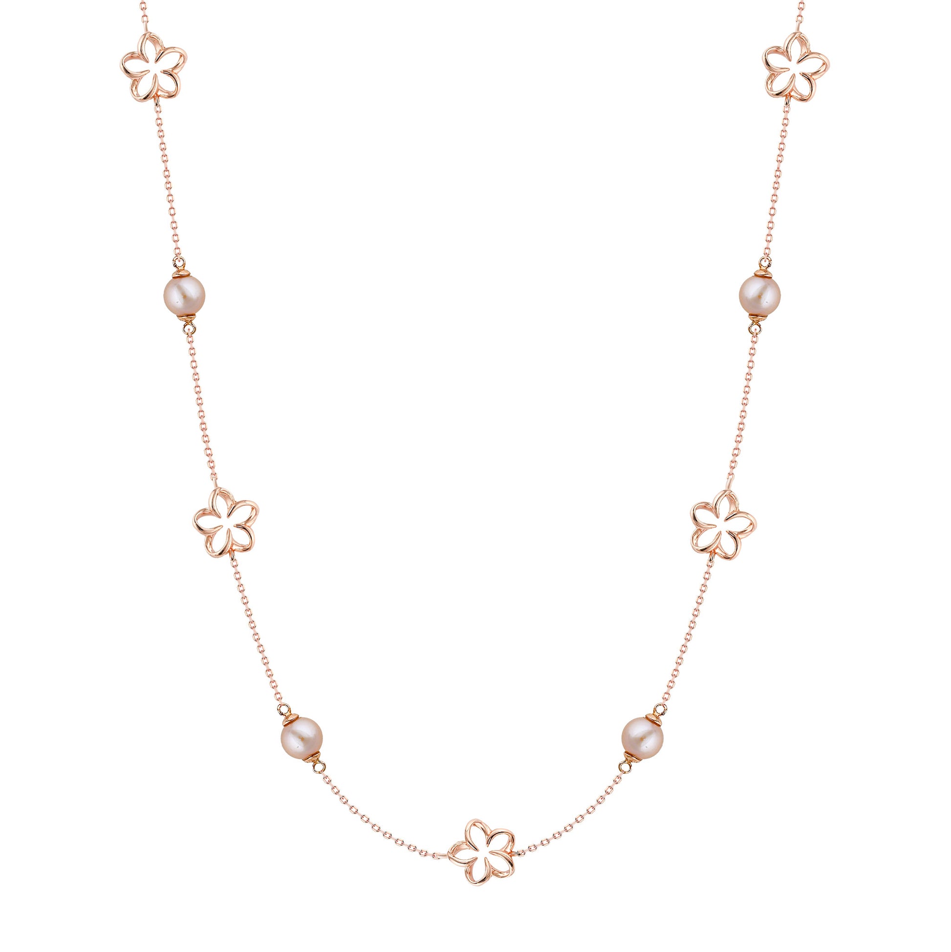 Delicate rose gold necklace with stationary pink freshwater pearls and plumerias inspired by Hawaiian beauty. Item No. 44659