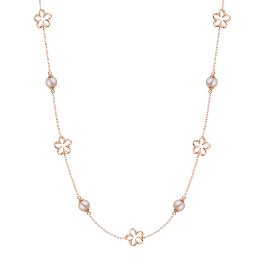 Delicate rose gold necklace with stationary pink freshwater pearls and plumerias inspired by Hawaiian beauty. Item No. 44659